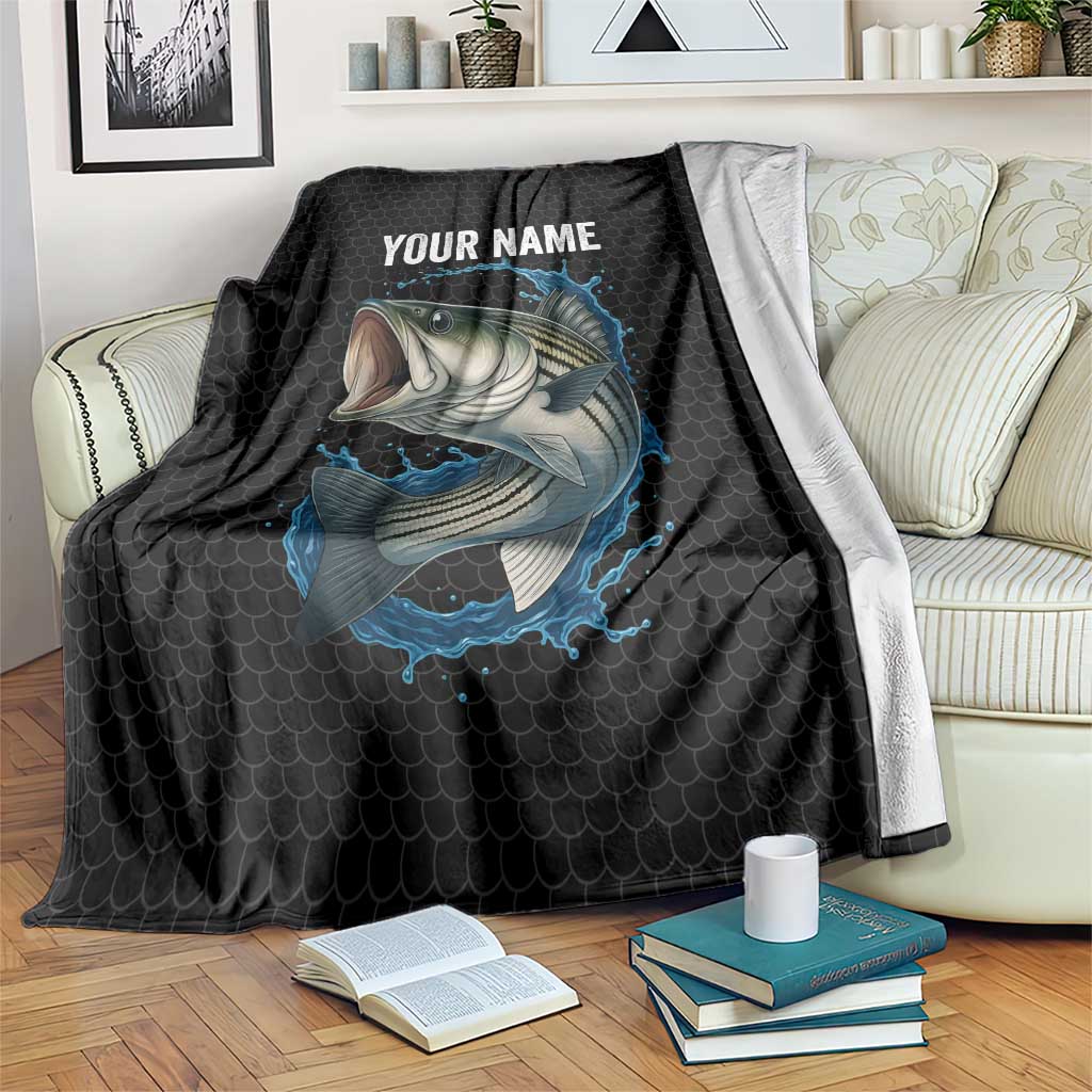 Striped Bass Jumping Blanket Blue Splash Graphic and Custom Name Design - Wonder Print Shop