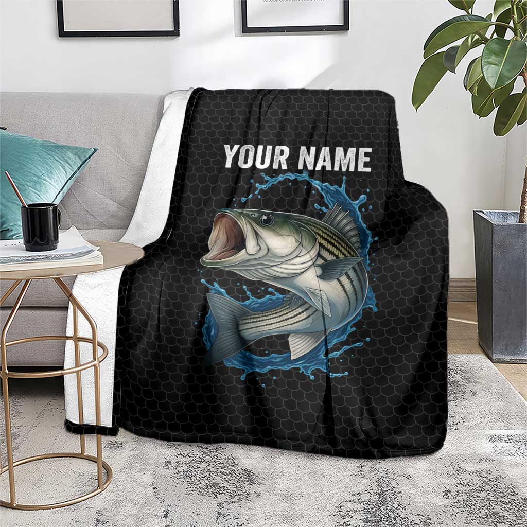 Striped Bass Jumping Blanket Blue Splash Graphic and Custom Name Design - Wonder Print Shop