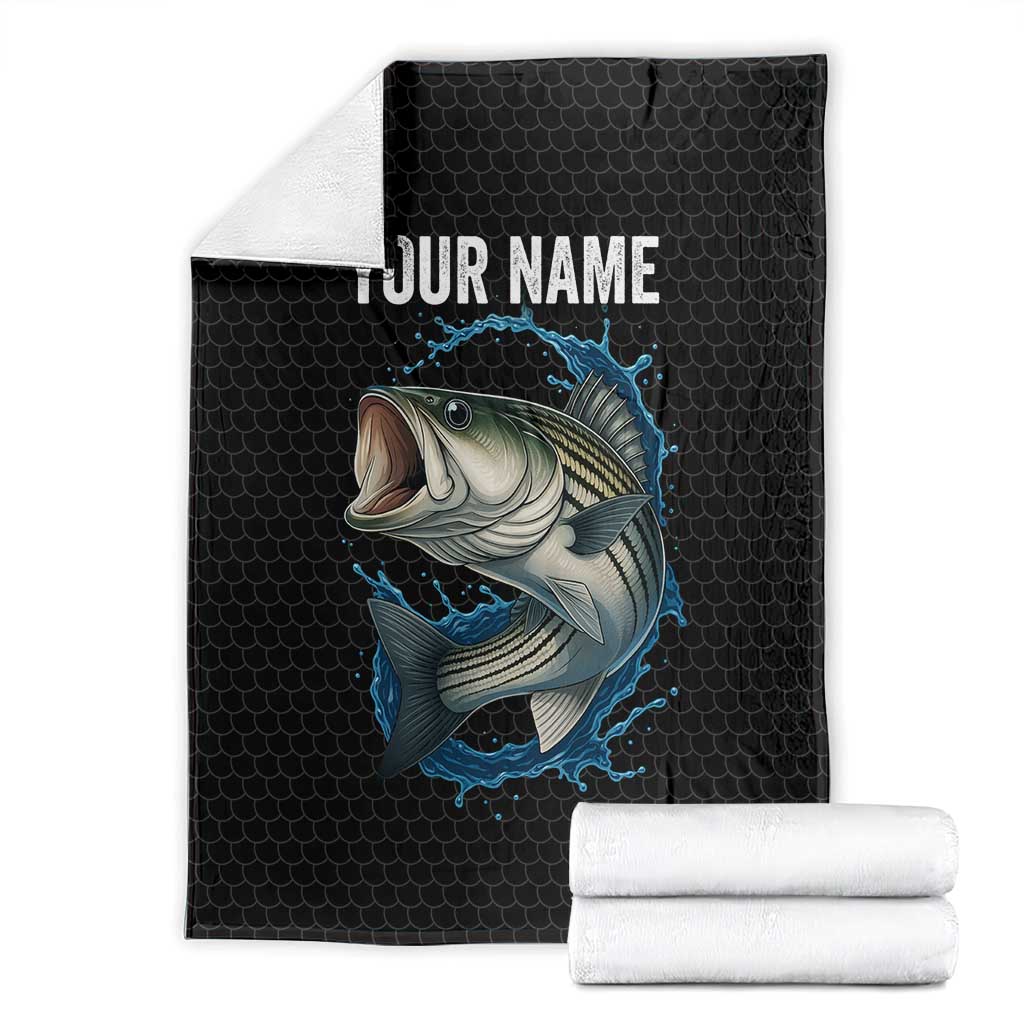 Striped Bass Jumping Blanket Blue Splash Graphic and Custom Name Design - Wonder Print Shop