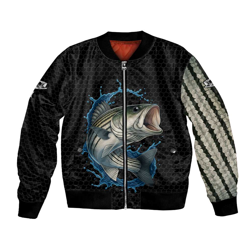 Striped Bass Jumping Bomber Jacket Blue Splash Graphic and Custom Name Design - Wonder Print Shop