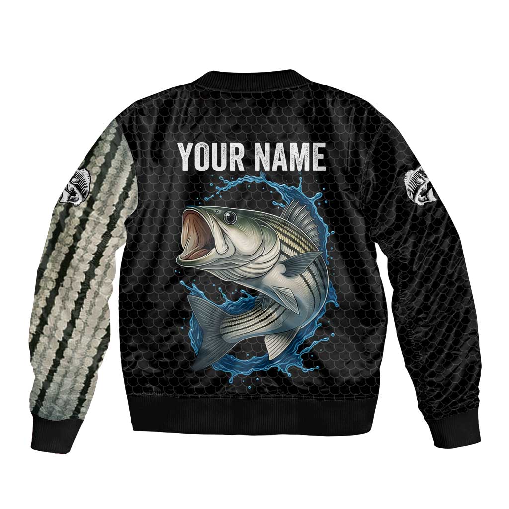 Striped Bass Jumping Bomber Jacket Blue Splash Graphic and Custom Name Design - Wonder Print Shop