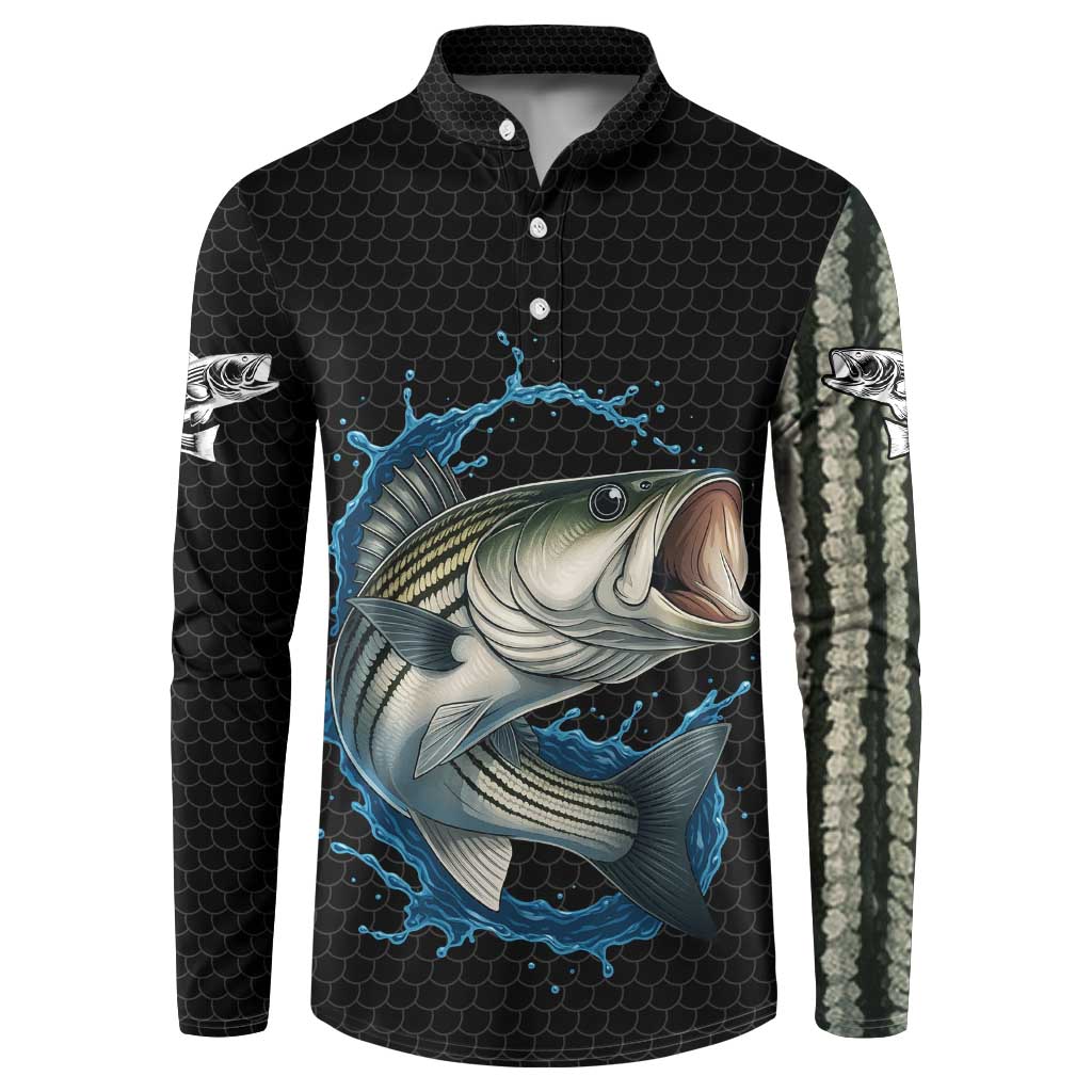 Striped Bass Jumping Button Sweatshirt Blue Splash Graphic and Custom Name Design - Wonder Print Shop