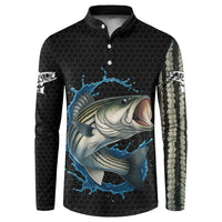 Striped Bass Jumping Button Sweatshirt Blue Splash Graphic and Custom Name Design - Wonder Print Shop