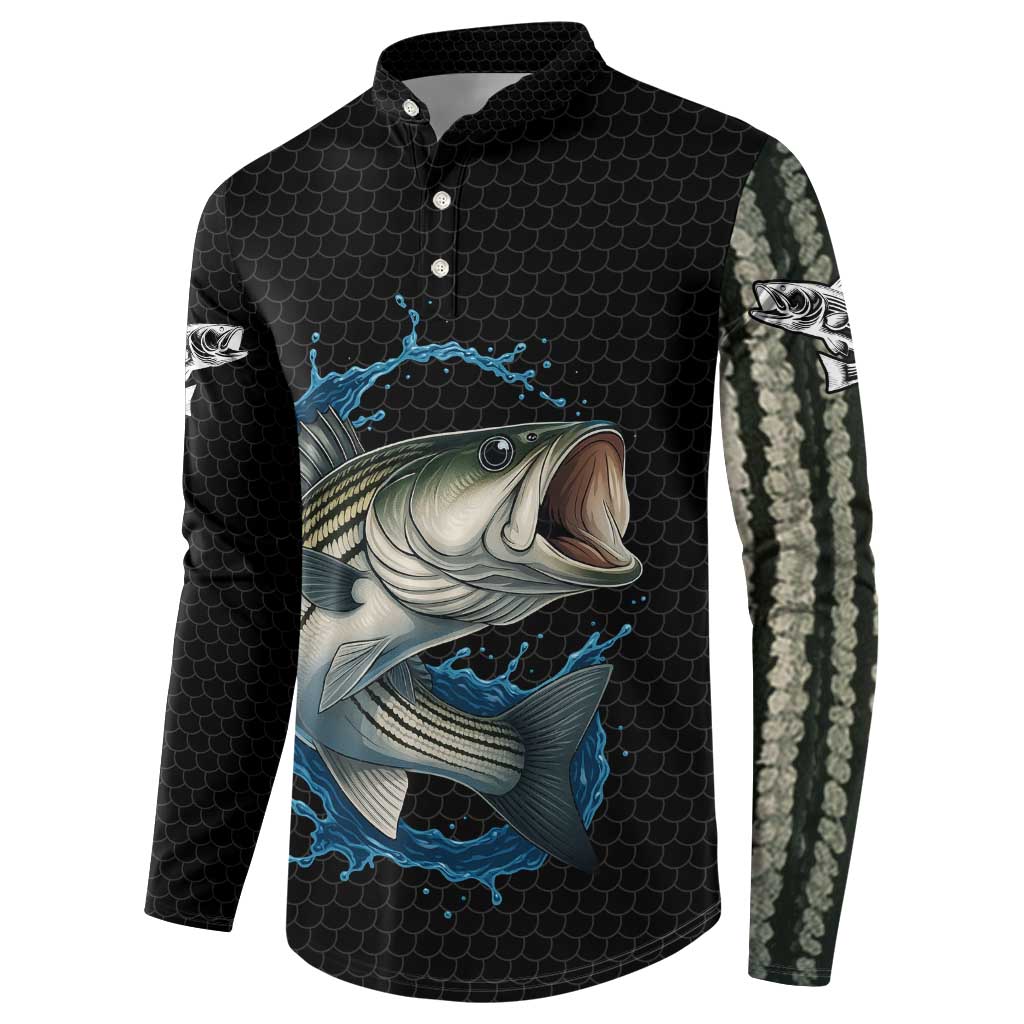 Striped Bass Jumping Button Sweatshirt Blue Splash Graphic and Custom Name Design - Wonder Print Shop