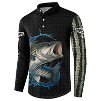 Striped Bass Jumping Button Sweatshirt Blue Splash Graphic and Custom Name Design - Wonder Print Shop