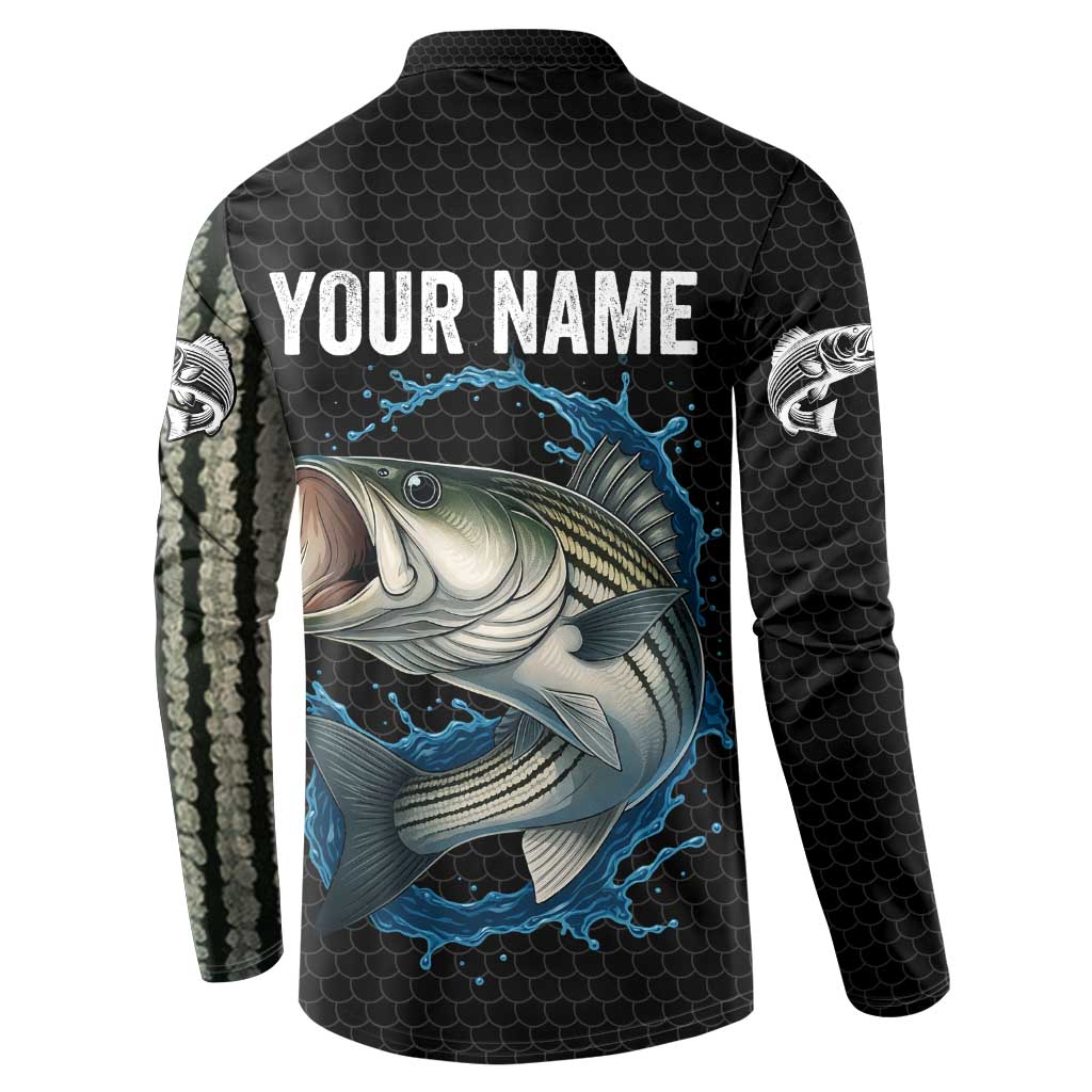 Striped Bass Jumping Button Sweatshirt Blue Splash Graphic and Custom Name Design - Wonder Print Shop