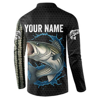 Striped Bass Jumping Button Sweatshirt Blue Splash Graphic and Custom Name Design - Wonder Print Shop