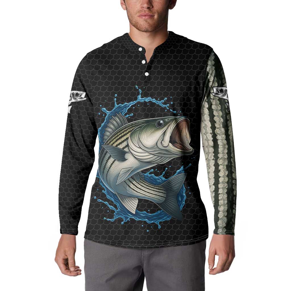 Striped Bass Jumping Button Sweatshirt Blue Splash Graphic and Custom Name Design - Wonder Print Shop