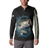 Striped Bass Jumping Button Sweatshirt Blue Splash Graphic and Custom Name Design - Wonder Print Shop