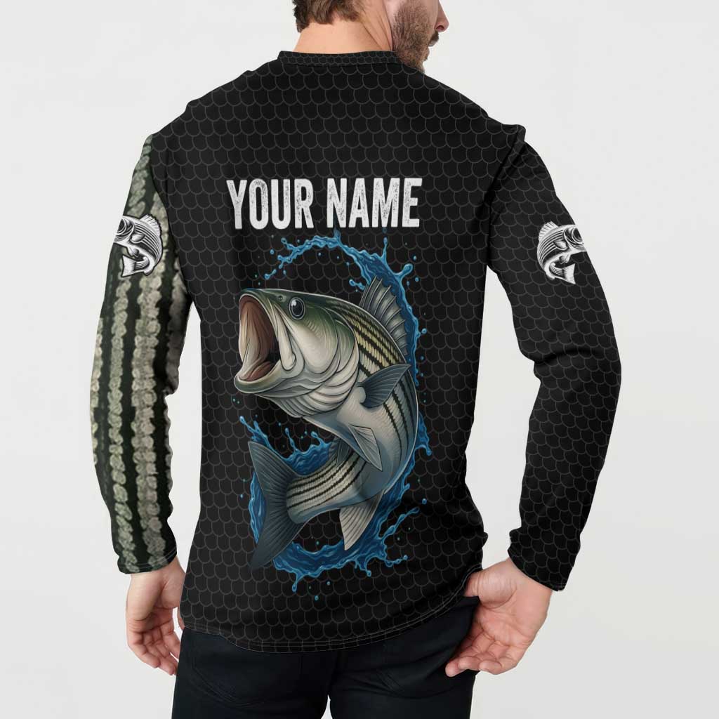 Striped Bass Jumping Button Sweatshirt Blue Splash Graphic and Custom Name Design - Wonder Print Shop