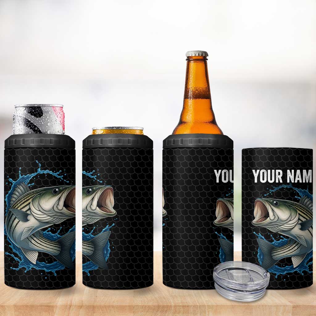 Striped Bass Jumping 4 in 1 Can Cooler Tumbler Blue Splash Graphic and Custom Name Design - Wonder Print Shop