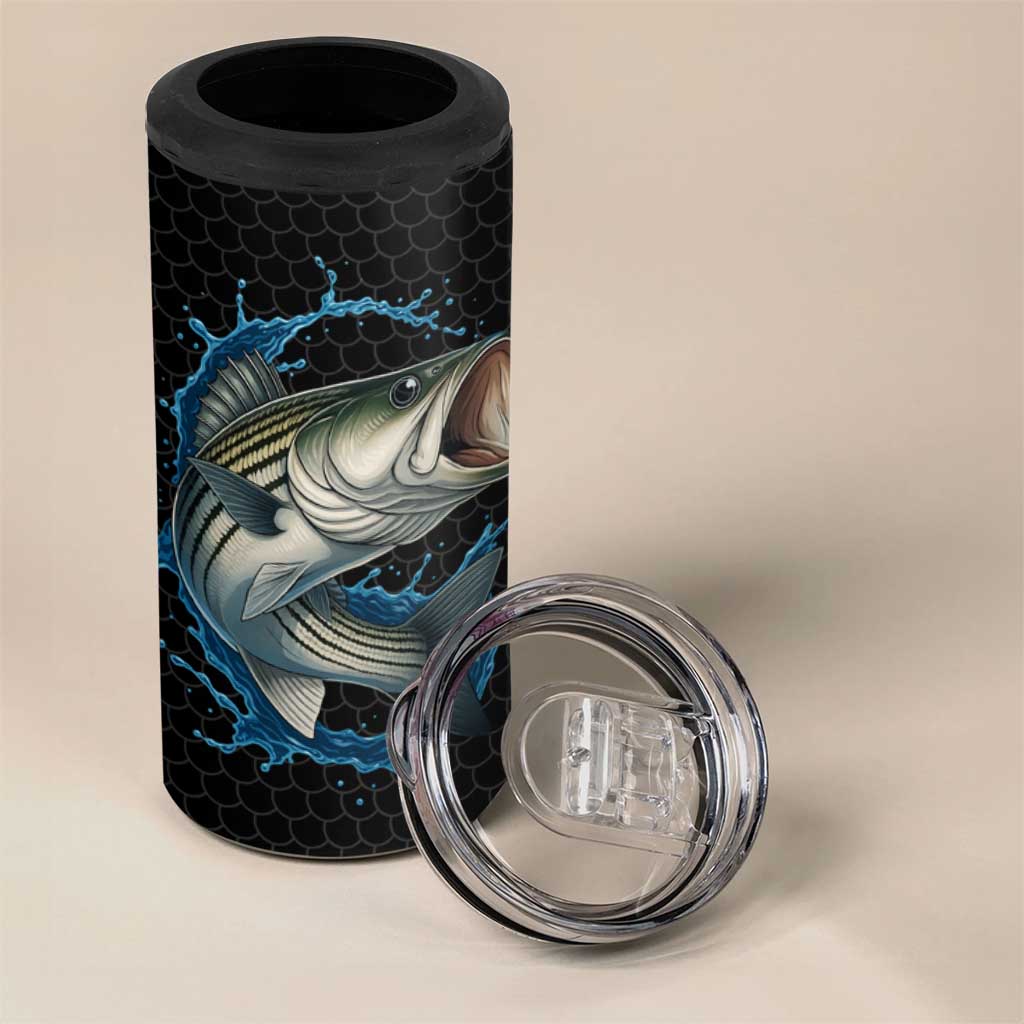 Striped Bass Jumping 4 in 1 Can Cooler Tumbler Blue Splash Graphic and Custom Name Design - Wonder Print Shop