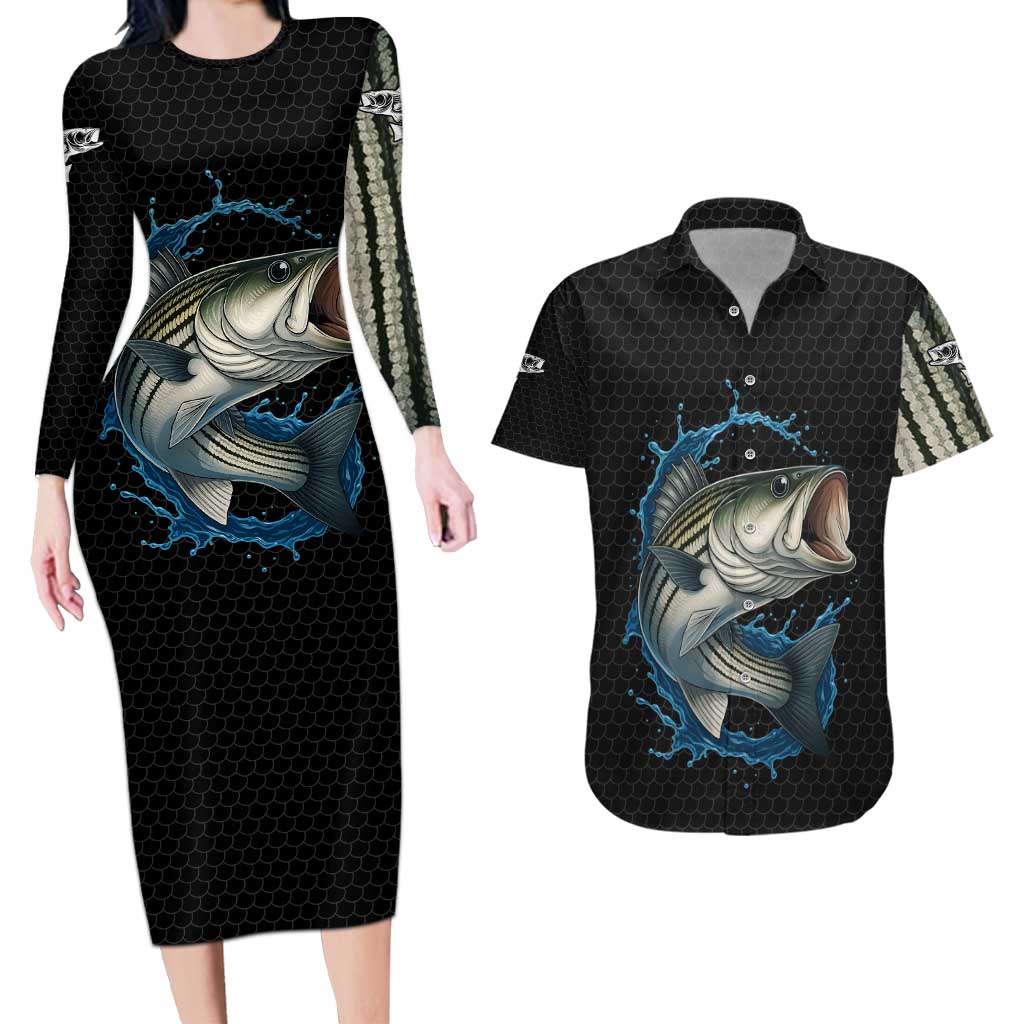 Striped Bass Jumping Couples Matching Long Sleeve Bodycon Dress and Hawaiian Shirt Blue Splash Graphic and Custom Name Design - Wonder Print Shop