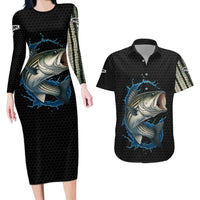 Striped Bass Jumping Couples Matching Long Sleeve Bodycon Dress and Hawaiian Shirt Blue Splash Graphic and Custom Name Design - Wonder Print Shop