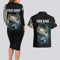 Striped Bass Jumping Couples Matching Long Sleeve Bodycon Dress and Hawaiian Shirt Blue Splash Graphic and Custom Name Design - Wonder Print Shop