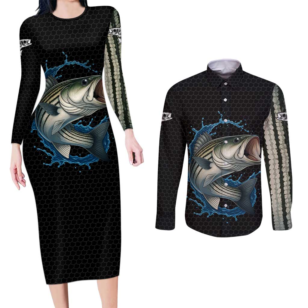 Striped Bass Jumping Couples Matching Long Sleeve Bodycon Dress and Long Sleeve Button Shirt Blue Splash Graphic and Custom Name Design - Wonder Print Shop