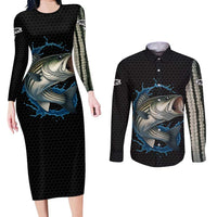 Striped Bass Jumping Couples Matching Long Sleeve Bodycon Dress and Long Sleeve Button Shirt Blue Splash Graphic and Custom Name Design - Wonder Print Shop