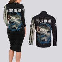 Striped Bass Jumping Couples Matching Long Sleeve Bodycon Dress and Long Sleeve Button Shirt Blue Splash Graphic and Custom Name Design - Wonder Print Shop