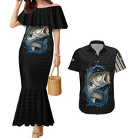 Striped Bass Jumping Couples Matching Mermaid Dress and Hawaiian Shirt Blue Splash Graphic and Custom Name Design - Wonder Print Shop