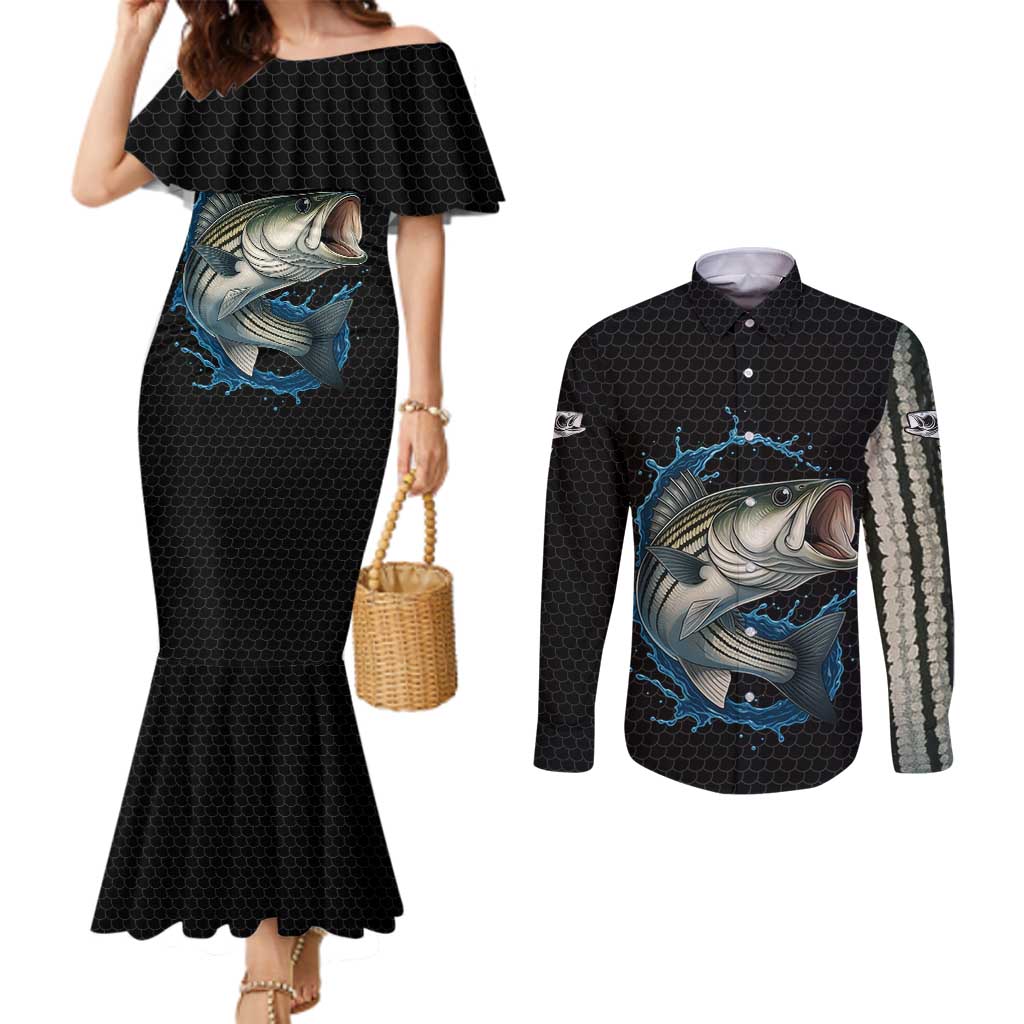 Striped Bass Jumping Couples Matching Mermaid Dress and Long Sleeve Button Shirt Blue Splash Graphic and Custom Name Design - Wonder Print Shop