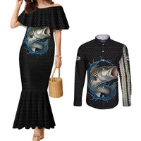 Striped Bass Jumping Couples Matching Mermaid Dress and Long Sleeve Button Shirt Blue Splash Graphic and Custom Name Design - Wonder Print Shop