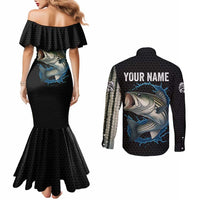 Striped Bass Jumping Couples Matching Mermaid Dress and Long Sleeve Button Shirt Blue Splash Graphic and Custom Name Design - Wonder Print Shop