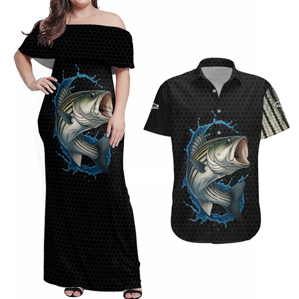 Striped Bass Jumping Couples Matching Off Shoulder Maxi Dress and Hawaiian Shirt Blue Splash Graphic and Custom Name Design - Wonder Print Shop