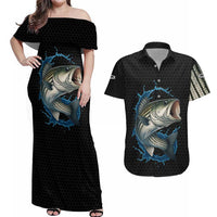 Striped Bass Jumping Couples Matching Off Shoulder Maxi Dress and Hawaiian Shirt Blue Splash Graphic and Custom Name Design - Wonder Print Shop