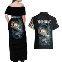 Striped Bass Jumping Couples Matching Off Shoulder Maxi Dress and Hawaiian Shirt Blue Splash Graphic and Custom Name Design - Wonder Print Shop
