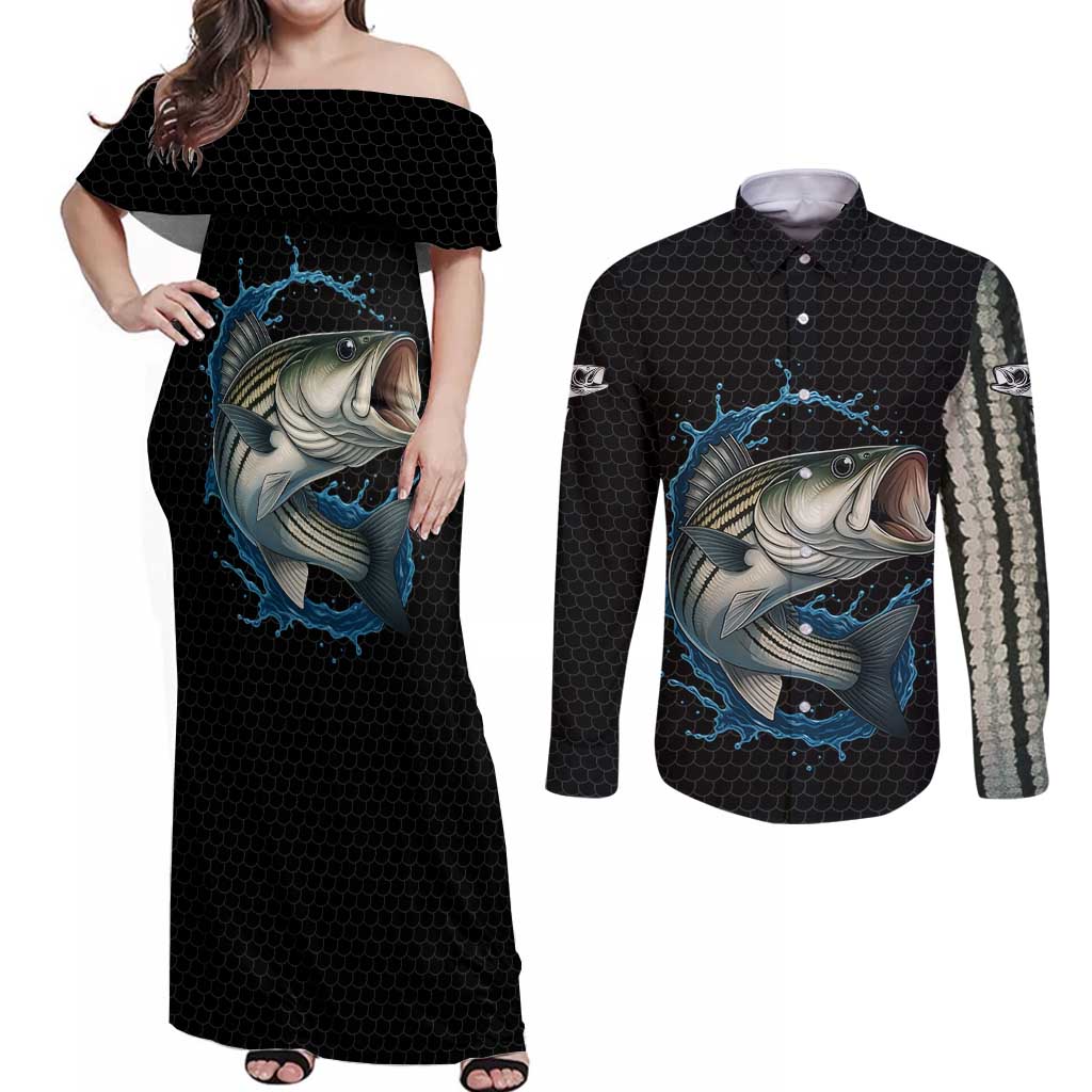 Striped Bass Jumping Couples Matching Off Shoulder Maxi Dress and Long Sleeve Button Shirt Blue Splash Graphic and Custom Name Design - Wonder Print Shop