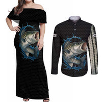 Striped Bass Jumping Couples Matching Off Shoulder Maxi Dress and Long Sleeve Button Shirt Blue Splash Graphic and Custom Name Design - Wonder Print Shop