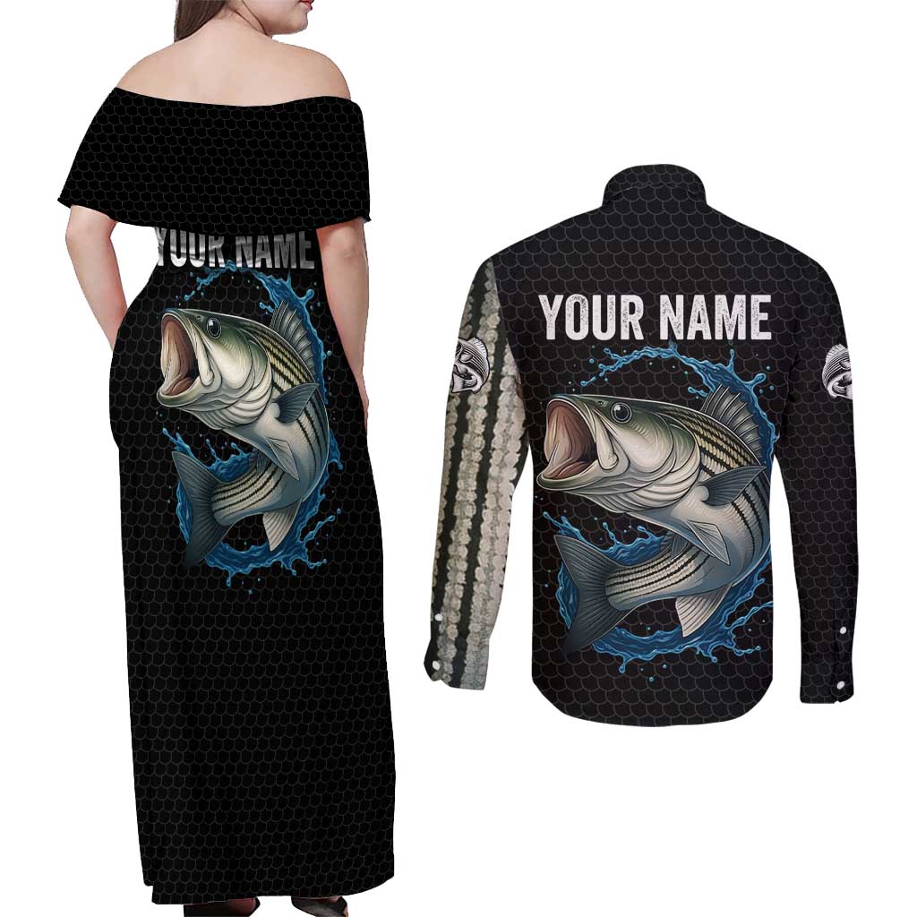 Striped Bass Jumping Couples Matching Off Shoulder Maxi Dress and Long Sleeve Button Shirt Blue Splash Graphic and Custom Name Design - Wonder Print Shop