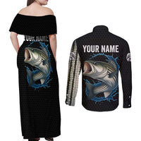 Striped Bass Jumping Couples Matching Off Shoulder Maxi Dress and Long Sleeve Button Shirt Blue Splash Graphic and Custom Name Design - Wonder Print Shop