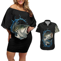 Striped Bass Jumping Couples Matching Off Shoulder Short Dress and Hawaiian Shirt Blue Splash Graphic and Custom Name Design - Wonder Print Shop