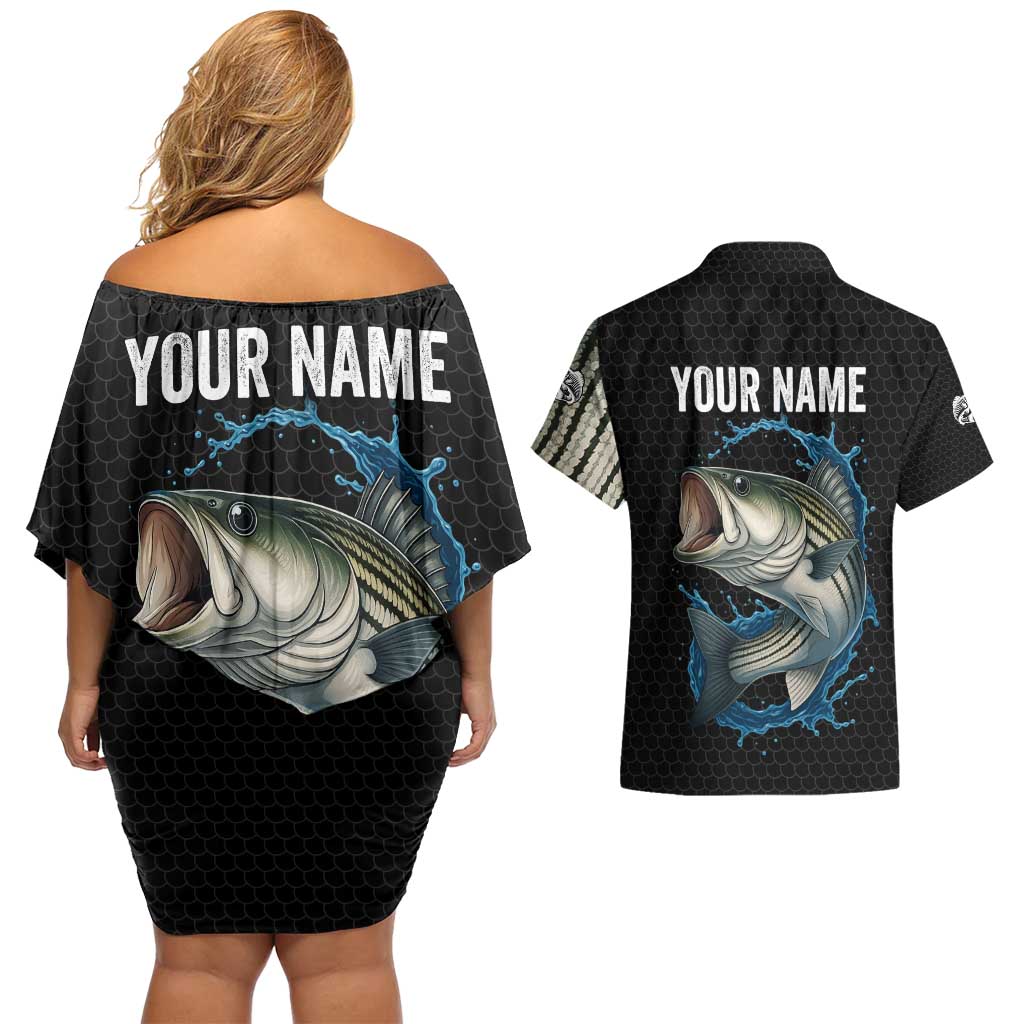 Striped Bass Jumping Couples Matching Off Shoulder Short Dress and Hawaiian Shirt Blue Splash Graphic and Custom Name Design - Wonder Print Shop