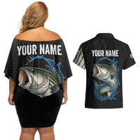 Striped Bass Jumping Couples Matching Off Shoulder Short Dress and Hawaiian Shirt Blue Splash Graphic and Custom Name Design - Wonder Print Shop