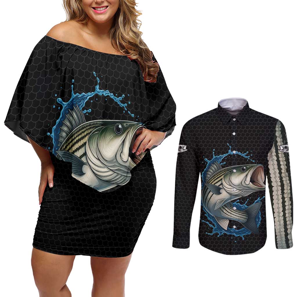 Striped Bass Jumping Couples Matching Off Shoulder Short Dress and Long Sleeve Button Shirt Blue Splash Graphic and Custom Name Design - Wonder Print Shop
