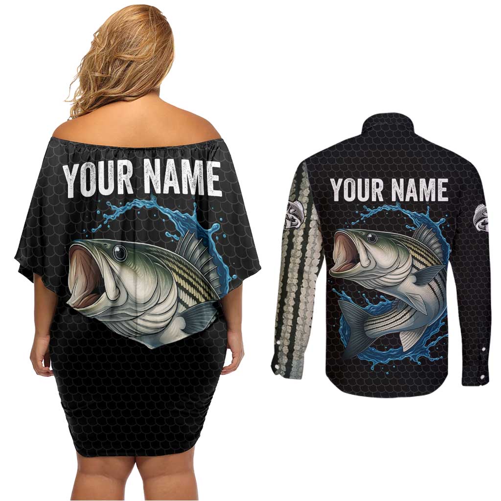 Striped Bass Jumping Couples Matching Off Shoulder Short Dress and Long Sleeve Button Shirt Blue Splash Graphic and Custom Name Design - Wonder Print Shop