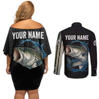 Striped Bass Jumping Couples Matching Off Shoulder Short Dress and Long Sleeve Button Shirt Blue Splash Graphic and Custom Name Design - Wonder Print Shop