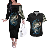 Striped Bass Jumping Couples Matching Off The Shoulder Long Sleeve Dress and Hawaiian Shirt Blue Splash Graphic and Custom Name Design - Wonder Print Shop