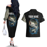Striped Bass Jumping Couples Matching Off The Shoulder Long Sleeve Dress and Hawaiian Shirt Blue Splash Graphic and Custom Name Design - Wonder Print Shop
