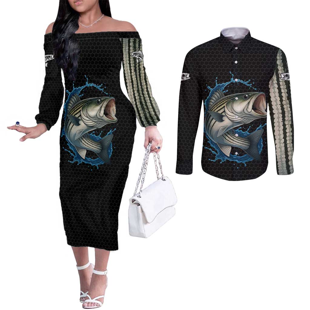 Striped Bass Jumping Couples Matching Off The Shoulder Long Sleeve Dress and Long Sleeve Button Shirt Blue Splash Graphic and Custom Name Design - Wonder Print Shop