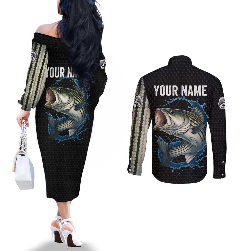 Striped Bass Jumping Couples Matching Off The Shoulder Long Sleeve Dress and Long Sleeve Button Shirt Blue Splash Graphic and Custom Name Design - Wonder Print Shop