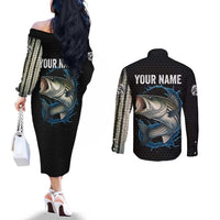 Striped Bass Jumping Couples Matching Off The Shoulder Long Sleeve Dress and Long Sleeve Button Shirt Blue Splash Graphic and Custom Name Design - Wonder Print Shop