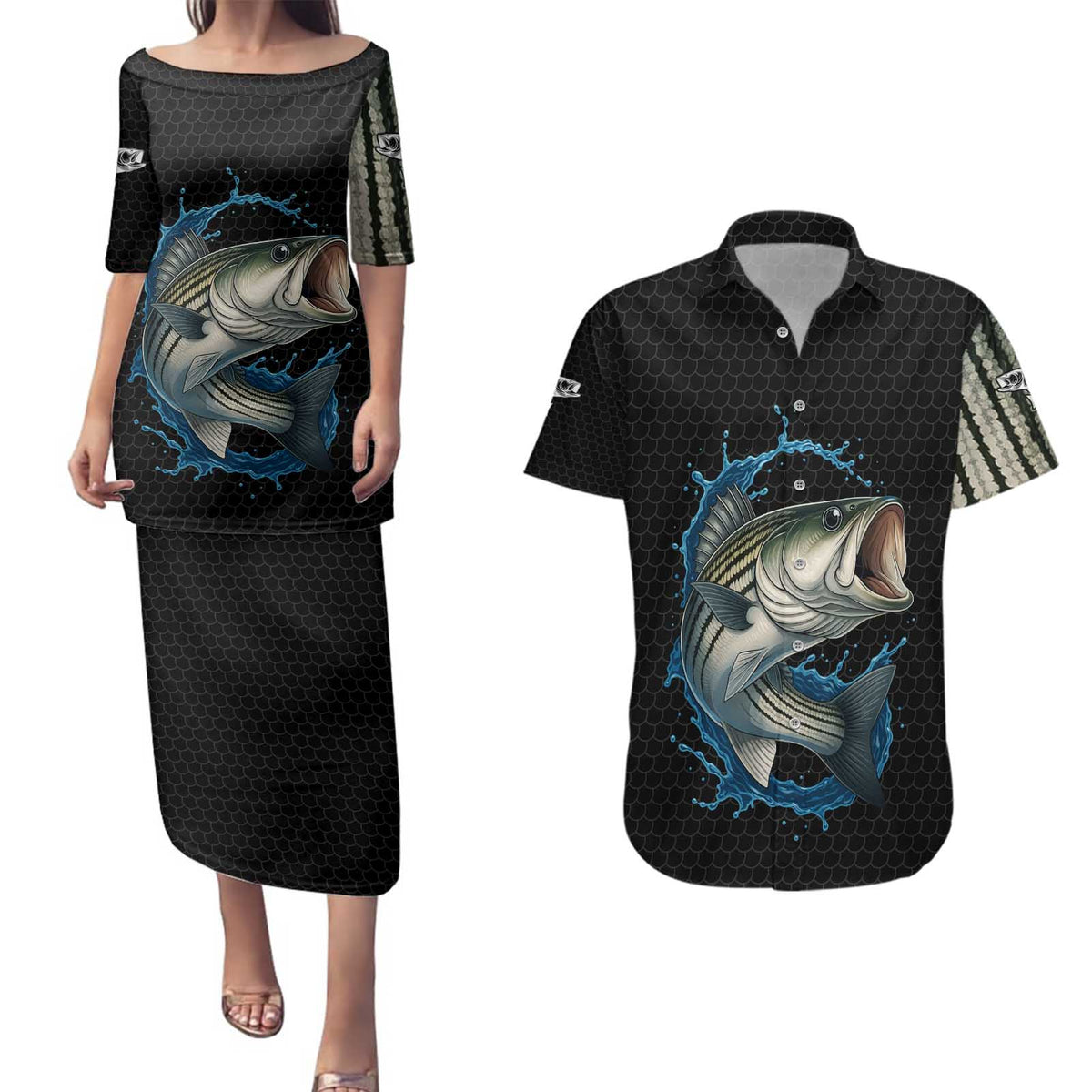 Striped Bass Jumping Couples Matching Puletasi and Hawaiian Shirt Blue Splash Graphic and Custom Name Design - Wonder Print Shop