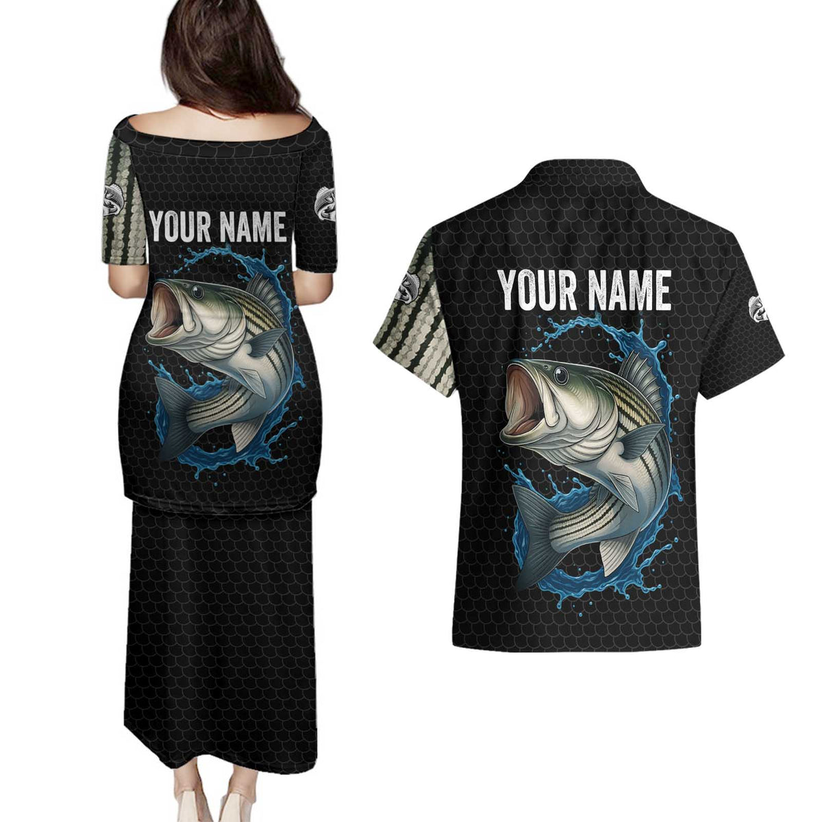 Striped Bass Jumping Couples Matching Puletasi and Hawaiian Shirt Blue Splash Graphic and Custom Name Design - Wonder Print Shop