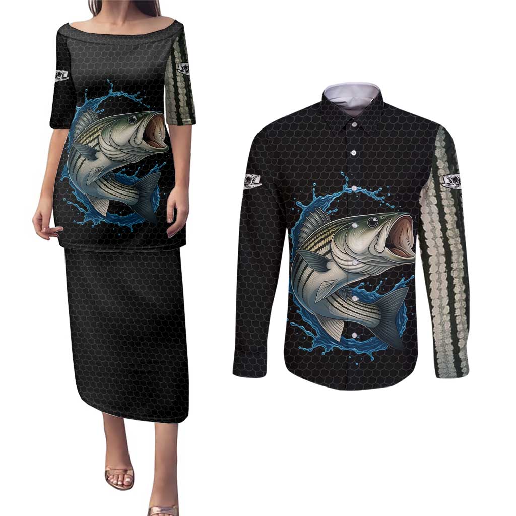 Striped Bass Jumping Couples Matching Puletasi and Long Sleeve Button Shirt Blue Splash Graphic and Custom Name Design - Wonder Print Shop