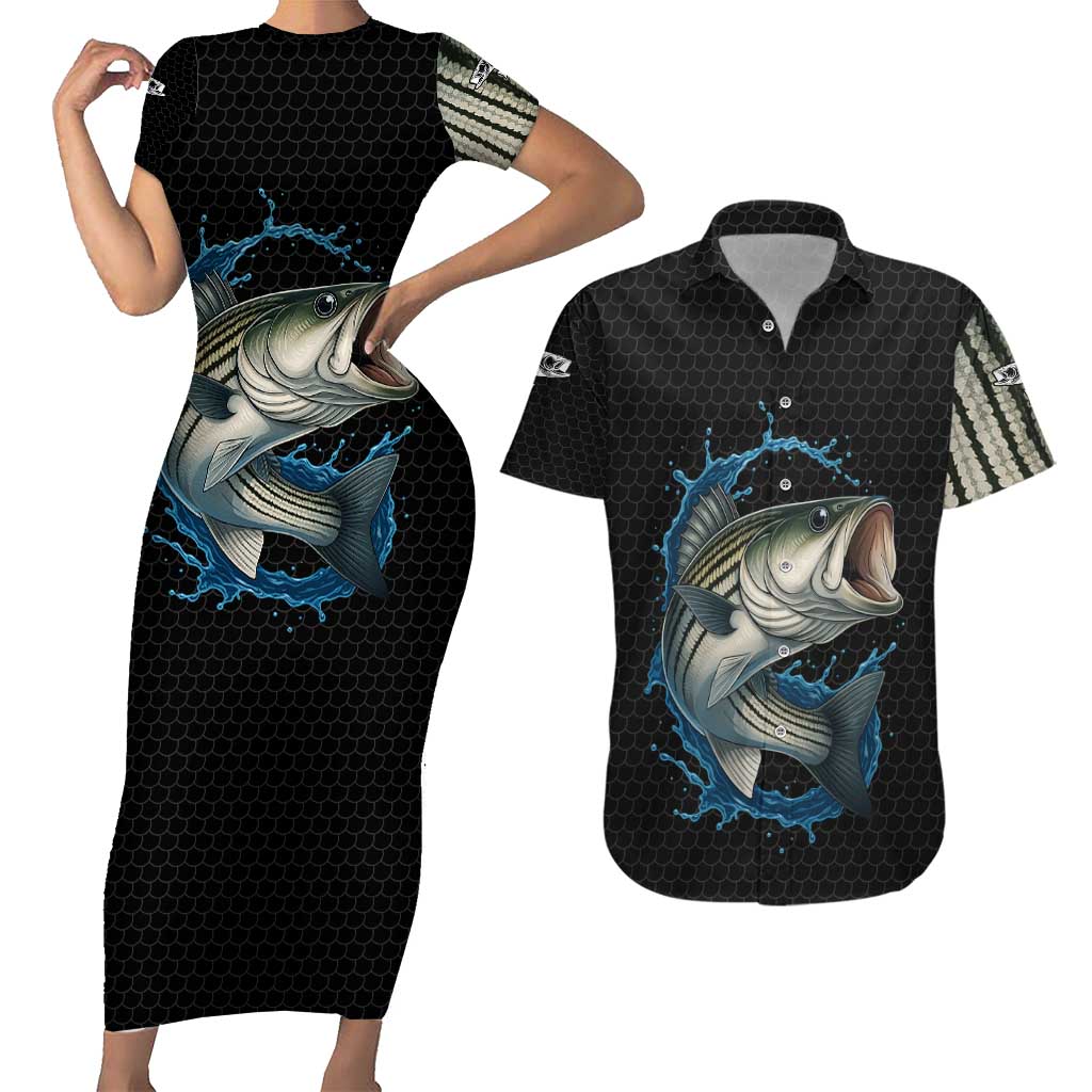 Striped Bass Jumping Couples Matching Short Sleeve Bodycon Dress and Hawaiian Shirt Blue Splash Graphic and Custom Name Design - Wonder Print Shop