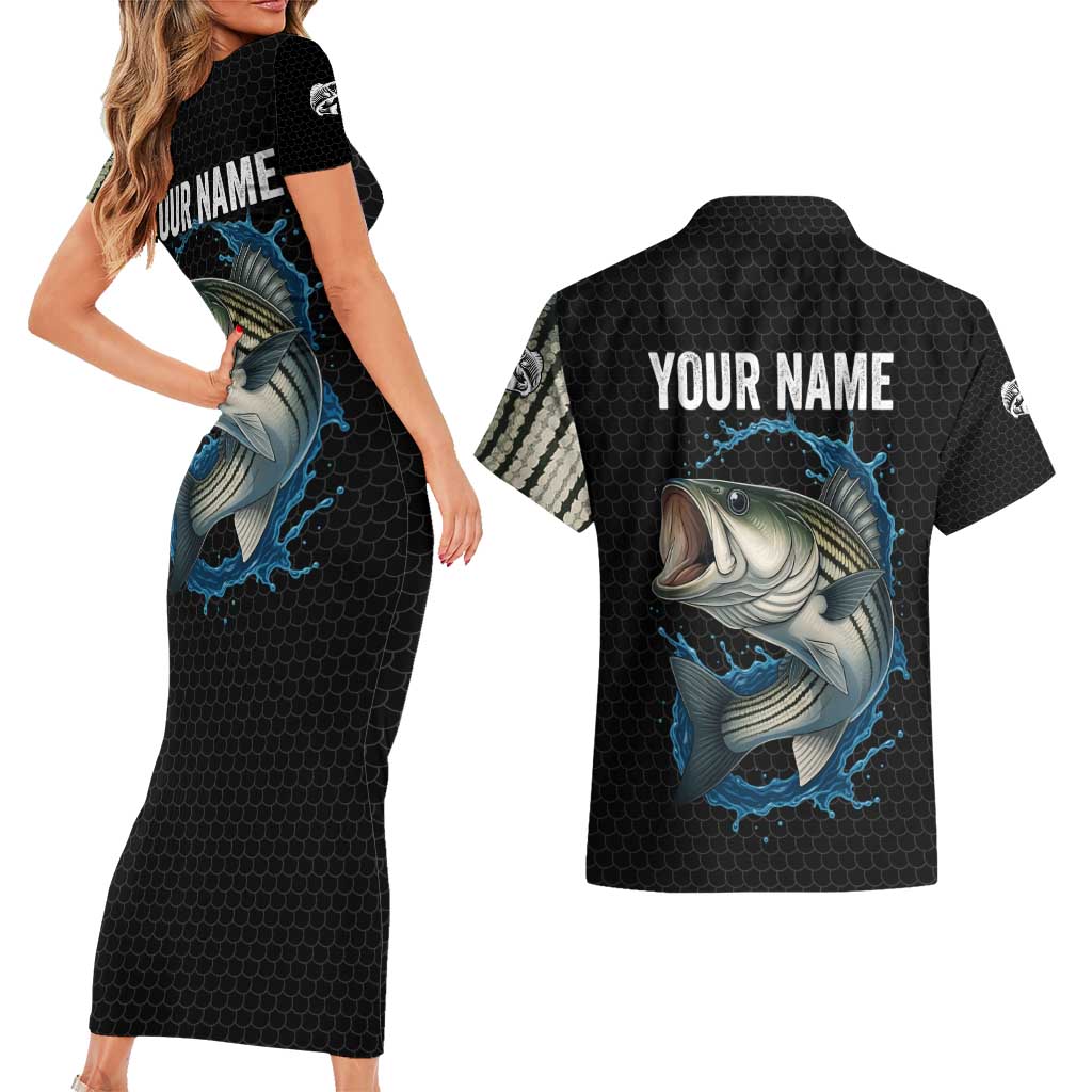 Striped Bass Jumping Couples Matching Short Sleeve Bodycon Dress and Hawaiian Shirt Blue Splash Graphic and Custom Name Design - Wonder Print Shop