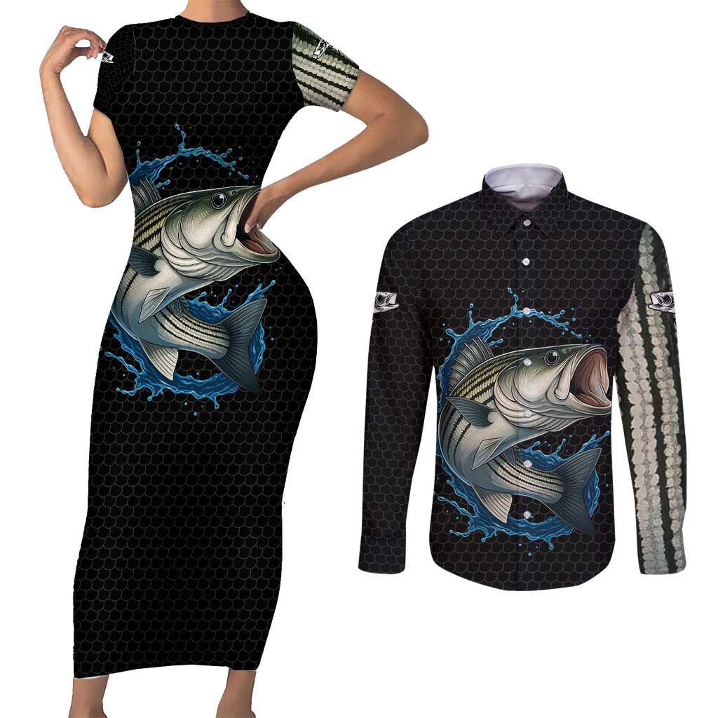 Striped Bass Jumping Couples Matching Short Sleeve Bodycon Dress and Long Sleeve Button Shirt Blue Splash Graphic and Custom Name Design - Wonder Print Shop
